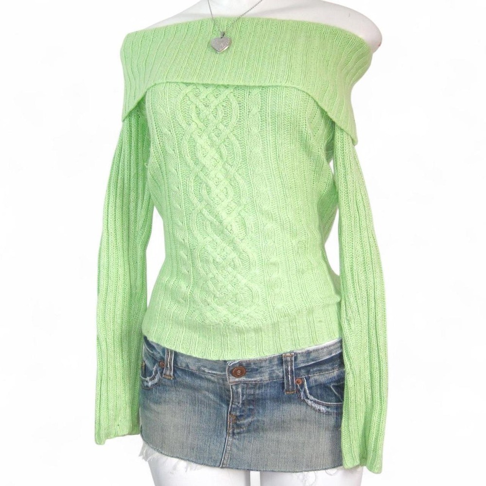 Y2K lime green off shoulder cable knit sweater SO… so real size S